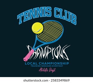 Tennis club artwork for t shirt, posters, stickers, background and others. Tennis champions team. Athletic club art. Tennis court graphic design.