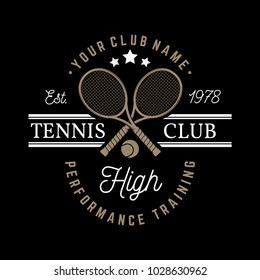 Tennis club badge. Vector illustration. Concept for shirt, print, stamp or tee. Vintage typography design with tennis racket and ball silhouette.