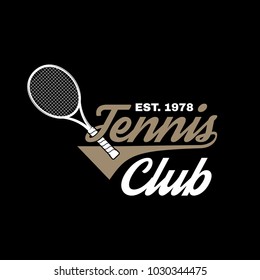 Tennis club badge. Vector illustration. Concept for shirt, print, stamp or tee. Vintage typography design with tennis racket silhouette.