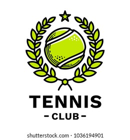 Tennis club emblem, illustration, logotype, modern line style, green color, on a white background. A tennis ball framed by a laurel wreath with a star on top.