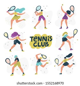 Tennis club hand drawn vector banner template. Professional female athletes hitting ball flat cartoon characters set. Sport practicing, championship concept. Active lifestyle poster design
