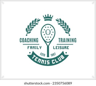 Tennis club logo with tennis ball and racket. Sport label with sample text. Tennis emblem design