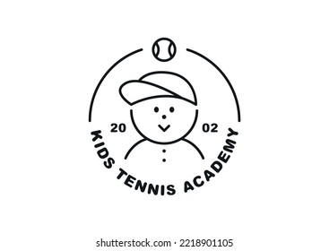 Tennis club logo. Cute smiling boy face in circle line. Black and white simple line illustration.