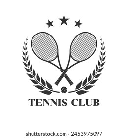 Logo, icono o placa del club de tenis con raquetas cruzadas y pelota de tenis. Diseño de símbolo deportivo. Ilustración vectorial.