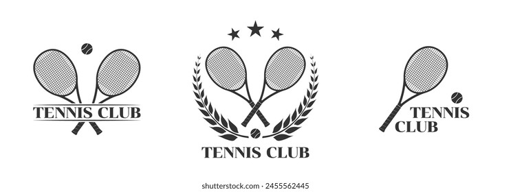 Logotipo, icono o insignia del club de tenis con raquetas cruzadas y pelota de tenis. Diseño de símbolo deportivo. Ilustración vectorial.