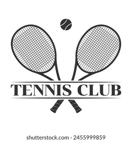 Tennis club logo, icon or badge with crossed rackets and tennis ball. Sport symbol design. Vector illustration.