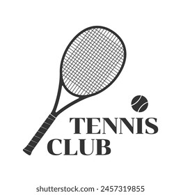 Logo, icono o insignia del club de tenis con raqueta de tenis y pelota. Diseño de símbolo deportivo. Ilustración vectorial.