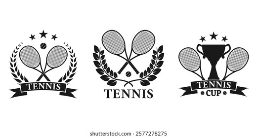 Tennis club logo, icon or badge set with crossed rackets, tennis ball and trophy cup. Sport symbol design. Vector illustration.