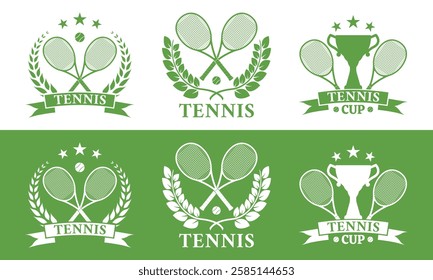 Tennis club logo, icon or badge set with crossed rackets, tennis ball and trophy cup. Sport symbol design. Vector illustration.