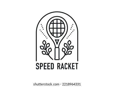 Tennis club logo. There is a tennis racquet in the center and the branches are decorated. Black and white simple line illustration.