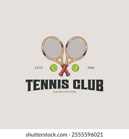 tennis club logo with two racket and two tennis ball, vector illustration design, colorful sign and symbol