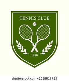 Tennis club logo. Two rackets with ball in green shield. Competition and tournament. Logotype and emblem for company. Active lifestyle and sport. Flat vector illustration isolated on white background