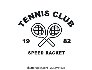 Tennis club logo. Two tennis racquets are crossed and written around them. Black and white simple line illustration.