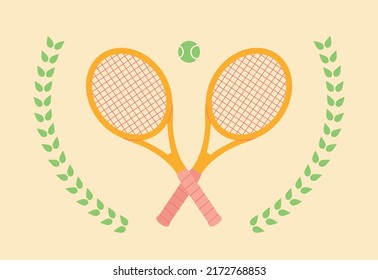 Tennis club promotional poster. Tennis club logo with two rackets and laurel leaves. flat design style vector illustration.