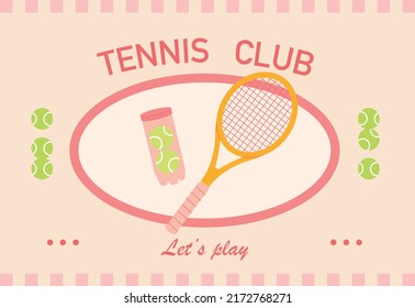 Tennis Club Promotional Poster. Racket And Tennis Ball. Flat Design Style Vector Illustration.