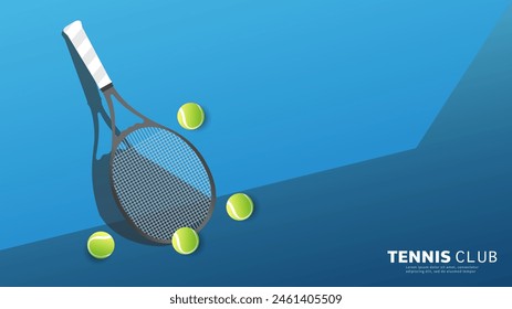 Club de tenis con raqueta de tenis y pelota sobre fondo azul, pista cubierta para su uso en eventos deportivos en línea, ilustración para el concepto deportivo de tenis, Ilustración vectorial EPS 10