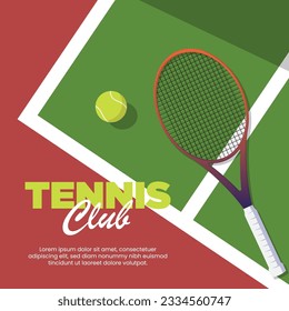 Tennis Club and Tournament with ball and racket on field, good for poster and social media