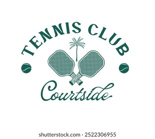 Diseño de Vector de club de tenis con tipografía, raqueta de tenis con Ilustración vectorial de pelota, obras de arte de club de tenis de playa para camiseta, pegatina, bordado, impresión gráfica