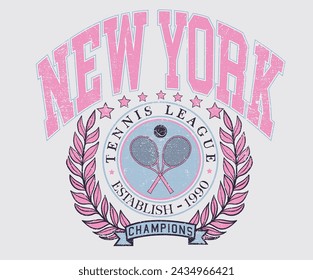 Diseño de camiseta vectorial de club de tenis. Diseño de estampado gráfico de la liga de tenis de Nueva York. Torneo universitario de estafas. Liga de la Universidad de Tenis. Obra de arte vintage para ropa deportiva. Logo Sport. 