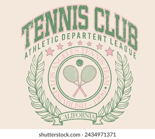 Tennis club vector t-shirt design. Racket tournament. Tennis college league. Vintage artwork for sportswear. Sport logo. College font. Los Angeles tennis league graphic print design.