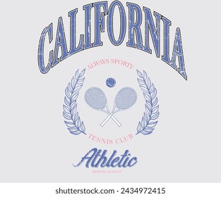 Tennis club vector t-shirt design. California city tennis league graphic print design. Racket tournament. 