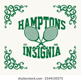 Design de camiseta vetorial do clube de tênis. Design gráfico de impressão da liga de tênis de Nova York. Logo do esporte. Fonte da faculdade. Torneio de raquete. Liga de Tennis.