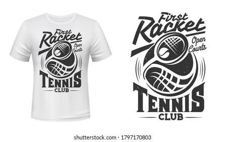 Tennis club vector t-shirt mockup with print of racket and ball on white apparel template. Tennis game sports team. Monochrome emblem, first racket open court. T-shirt print mockup