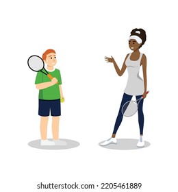 Tennis coach and her athlete communicating. Communication of multinational friends. People conversation. Flat vector illustration isolated on white background