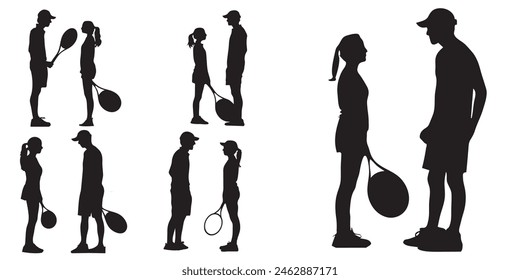 Tennis Coach Silhouettes with new player, collection of tennis player