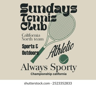 Tennis college league. Vintage artwork for sportswear. Sport logo. Sunday tennis club vector t-shirt design. Miami tennis league graphic print design. College font racket tournament.