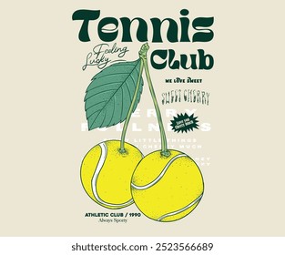 Tennis college league. Vintage artwork for sportswear. Cherry fruit. Sport logo. Sunday tennis club vector t-shirt design. Tennis league graphic print design. College font racket tournament.