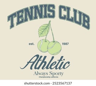 Tennis college league. Vintage artwork for sportswear. Cherry fruit. Sport logo. Sunday tennis club vector t-shirt design. College font racket tournament.