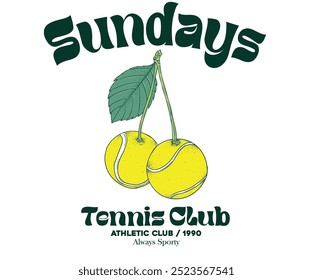 Tennis college league. Vintage artwork for sportswear. Cherry fruit. Sport logo. Sunday tennis club vector t-shirt design. Miami tennis league graphic print design. College font racket tournament.