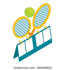 Tennis competition icon isometric vector. Empty tennis scoreboard, racket, flying ball. Sport concept