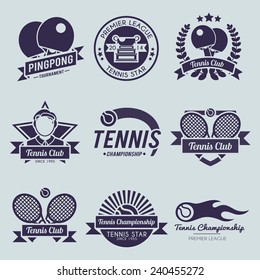 Tennis competition ping pong sport premiere league label black set isolated vector illustration