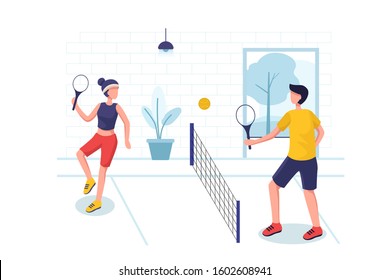 Tennis concept with character. Can use for web banner, mobile app, hero images. Flat vector illustration on white background.