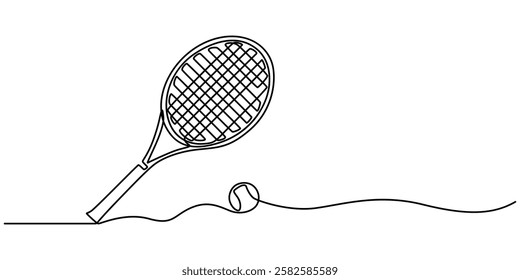 Tennis Continuous Line Illustration, tennis ball and racket one line drawing, Tennis Racket hit ball close up, outline pro vector illustration on white background. minimal concept simple style. 