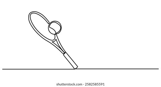 Tennis Continuous Line Illustration, tennis ball and racket one line drawing, Tennis Racket hit ball close up, outline pro vector illustration on white background. minimal concept simple style. 