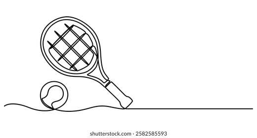 Tennis Continuous Line Illustration, tennis ball and racket one line drawing, Tennis Racket hit ball close up, outline pro vector illustration on white background. minimal concept simple style. 