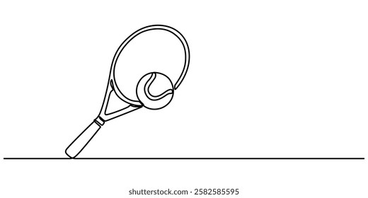 Tennis Continuous Line Illustration, tennis ball and racket one line drawing, Tennis Racket hit ball close up, outline pro vector illustration on white background. minimal concept simple style. 