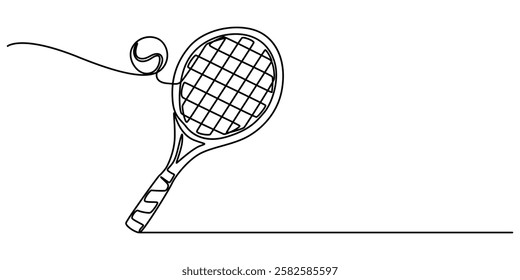 Tennis Continuous Line Illustration, tennis ball and racket one line drawing, Tennis Racket hit ball close up, outline pro vector illustration on white background. minimal concept simple style. 