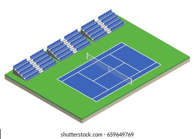 Tennis court with bleachers in isometric. Vector illustration.