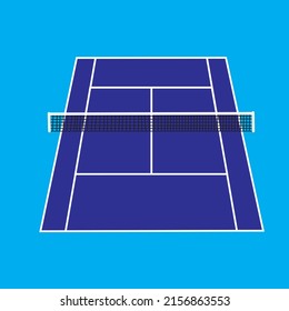 Tennis court in blue and white stripes with center net.Hand drawn tennis court.vector illustration.
