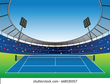 Tennis court with bright stadium. vector illustration.