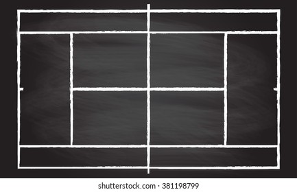 Tennis court or field isolated on blackboard texture with chalk rubbed background. Vector illustration. 
