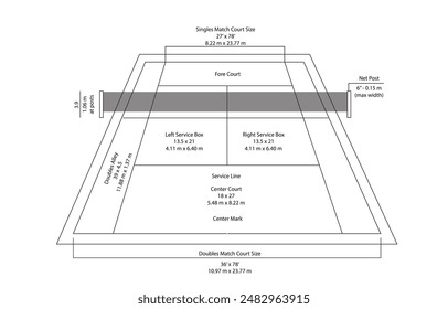 Tennis court Field perspective, with black line on the white background, Sports background Vector illustration