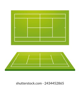 Pista de tenis. Campo de tenis con esquema de estadio sobre fondo verde en vista superior y lateral. Vector EPS10