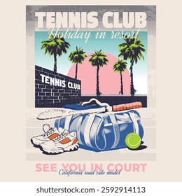 Tennis court graphic design. tennis club artwork for t shirt. Athletic bag and shoe design. girls sports graphics. women's graphic tee in vector. summer t-shirt design. use posters, background 