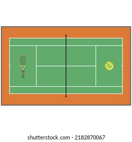 Tennis court. Grass cover field. Top view vector illustration with grid and shadow