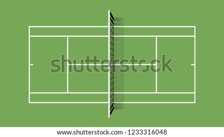 Tennis court. Grass cover field. Top view vector illustration with grid and shadow